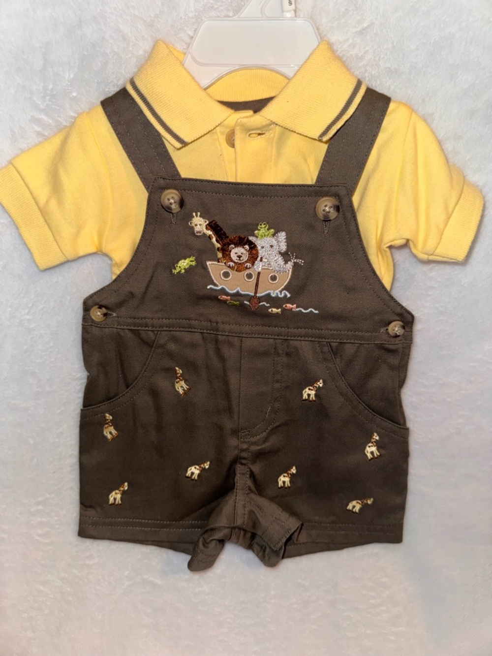 Newborn Brown Embroidered Overalls with Yellow Polo